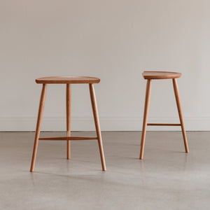 Front and side views of Shaker Stool with three legs in cherry from Chilton Furniture in Maine