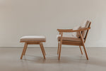 Solid white oak Scandinavian style Nautilus lounge chair and ottoman, from Maine's Chilton Furniture Co.