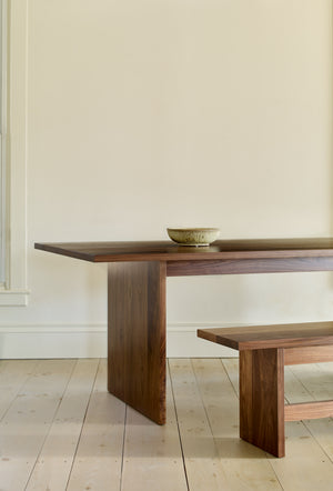 Walnut Hygge Bench with walnut Hygge Table in bright room with wooden pine floors