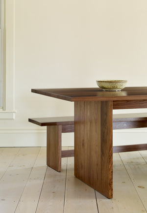 Walnut Hygge Bench with walnut Hygge Table in bright room with wooden pine floors