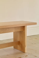 Details of the Hygge Bench in white oak showing thickness of top and legs