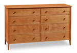 Shaker style, cherry wood eight-drawer bedroom storage dresser from Maine's Chilton Furniture Co.