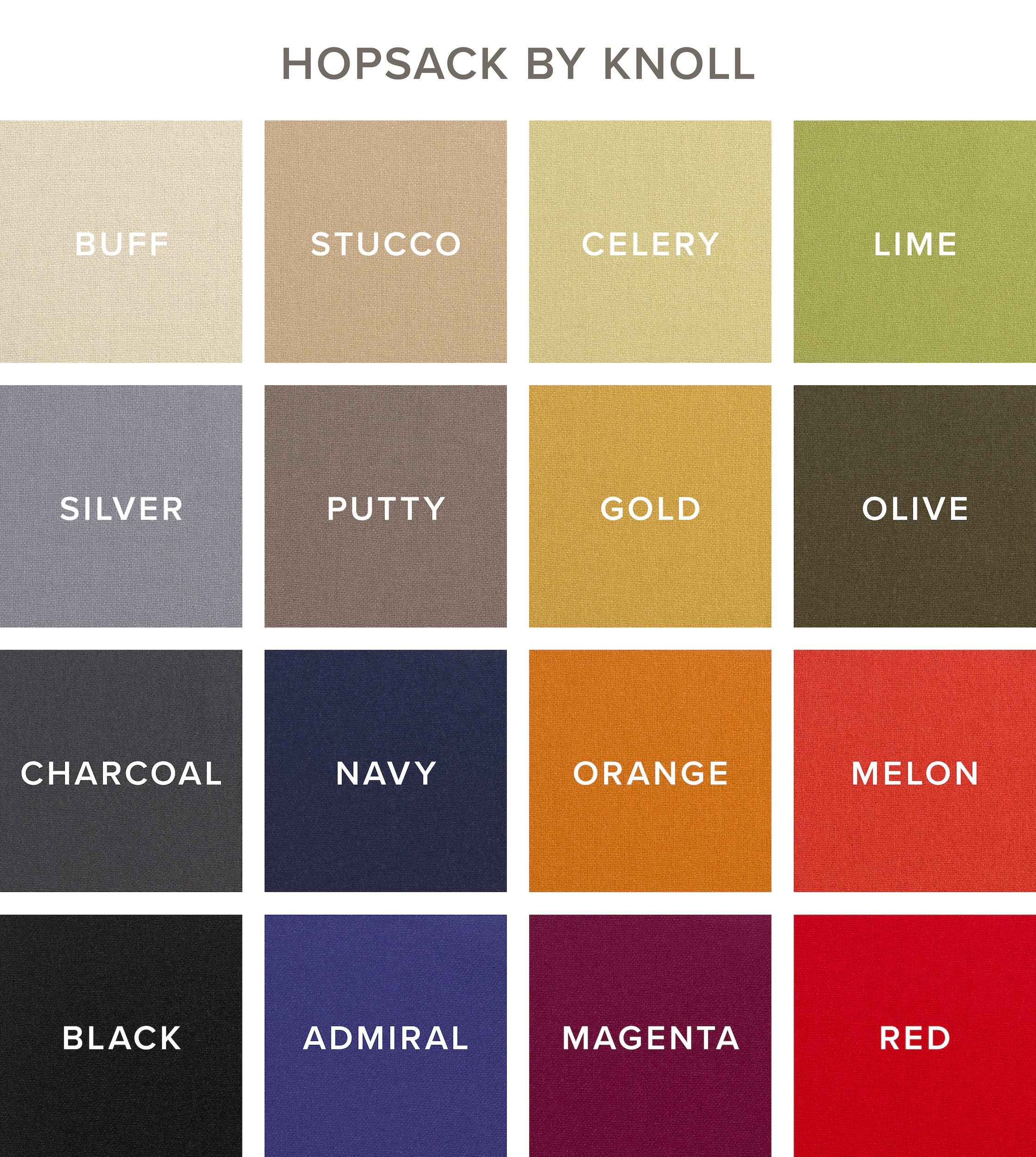 16 color swatches of Knoll Hopsack fabric options for Chilton Furniture's Nautilus Lounge Chair