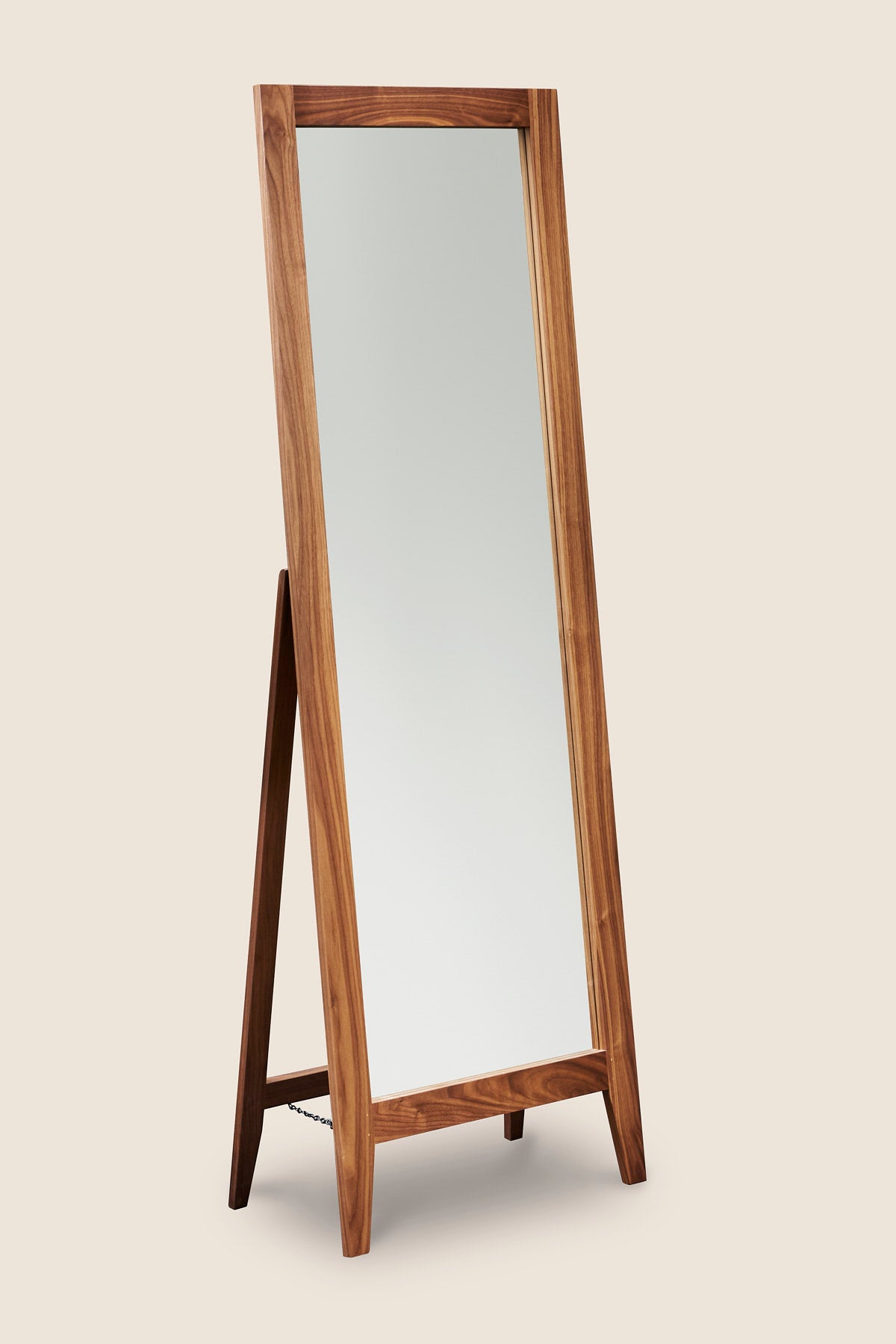 Tall floor length self standing mirror with walnut wood frame and square tapered legs