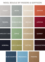 19 color swatches of Rogers & Goffigon fabric options for Chilton Furniture's Nautilus Lounge Chair