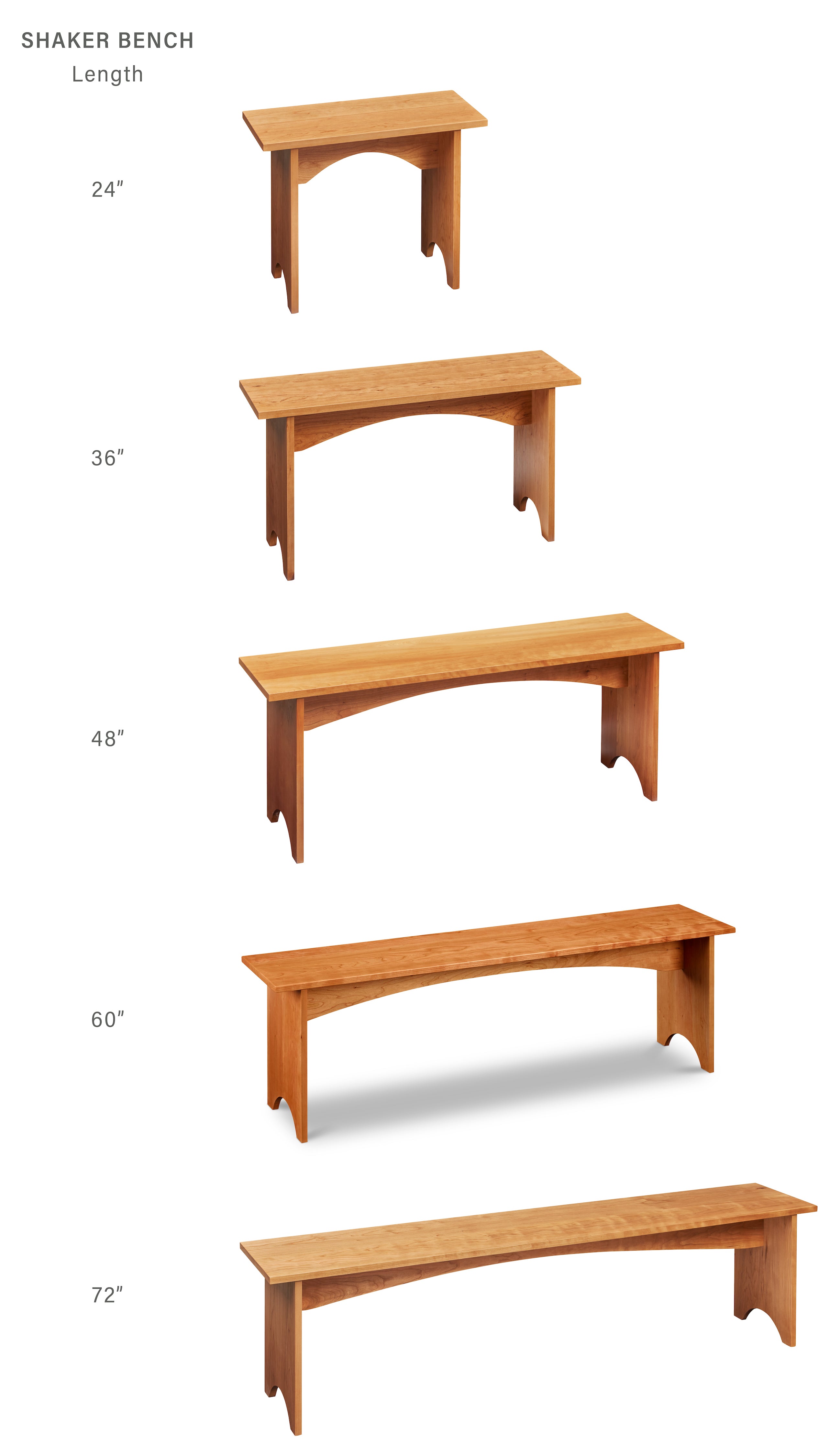 Visual of size change in one foot increments from 2 ft. to 6 ft. cherry shaker bench, with labels