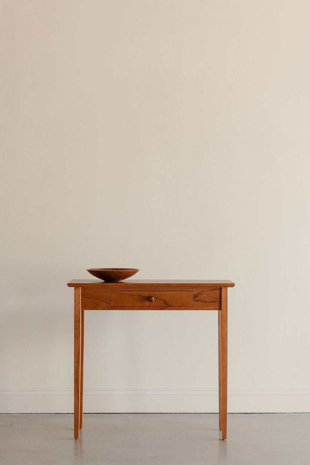 Simple Shaker Hall Table, built in cherry with one drawer and square tapered legs, from Maine's Chilton Furniture