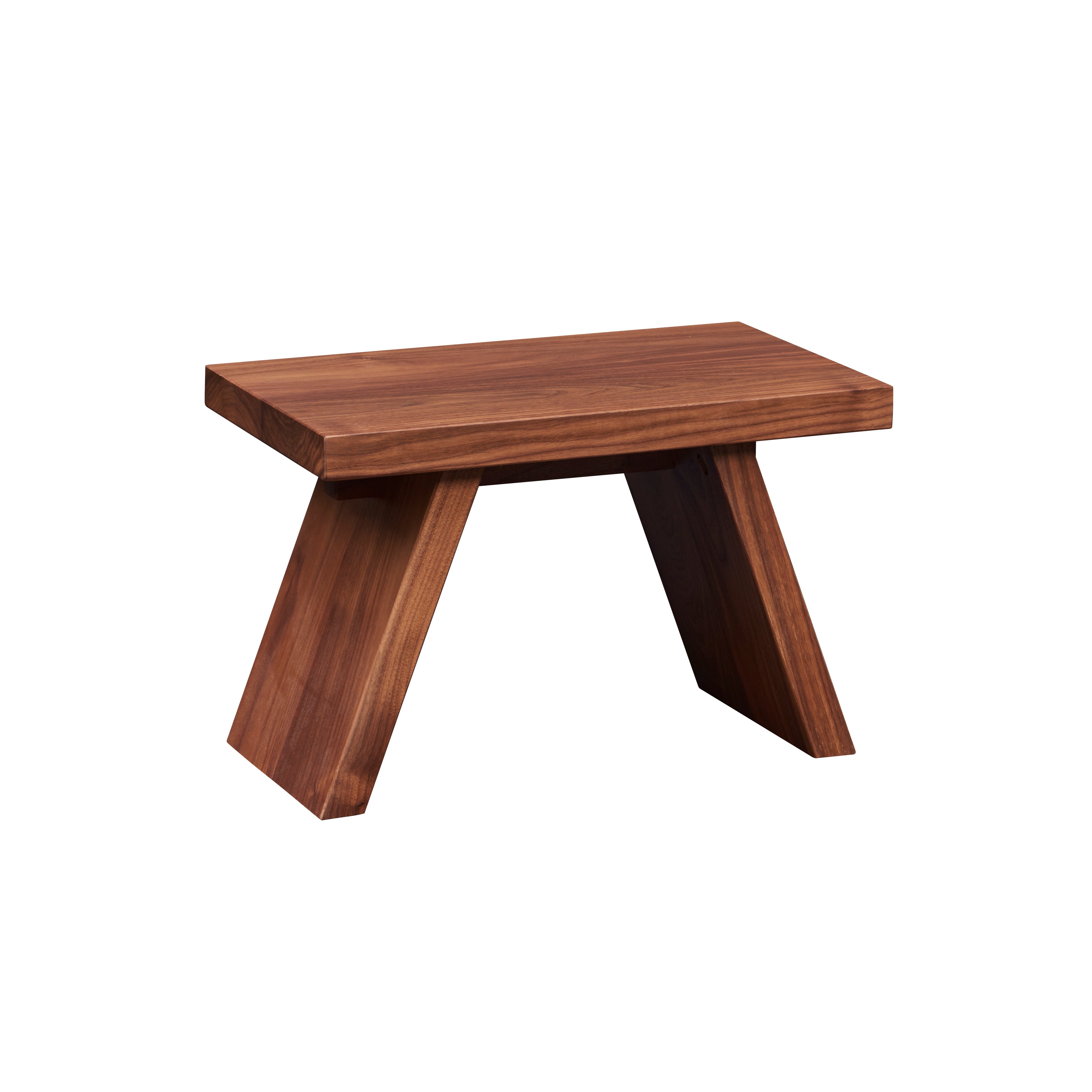 Solid walnut wood step stool with angled legs.