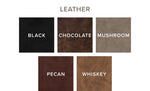Swatches of five brown, tan, and black toned leather options for Saco Chair cushions