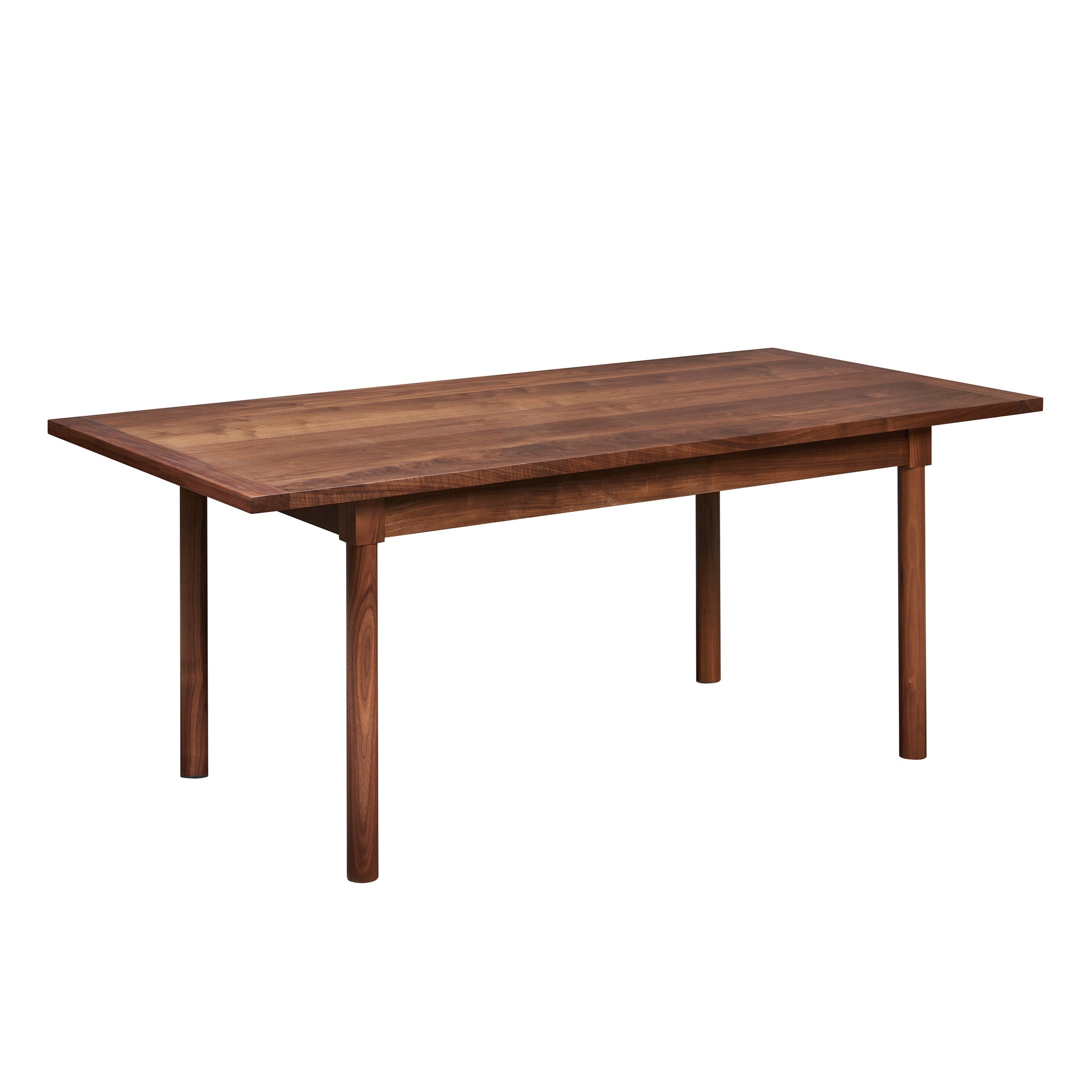 Modern Revelry dining table with straight turned legs and breadboard ends, built in solid walnut wood
