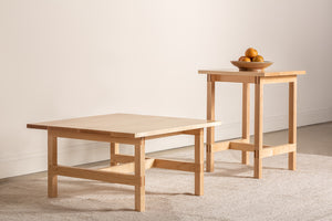 Modern Union Side table and Coffee table shown in maple with bowl of fruit