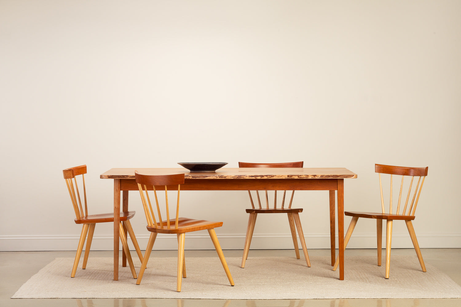 Live edge Acadia Dining Table in cherry with Windsor style Boston Chairs from Chilton Furniture