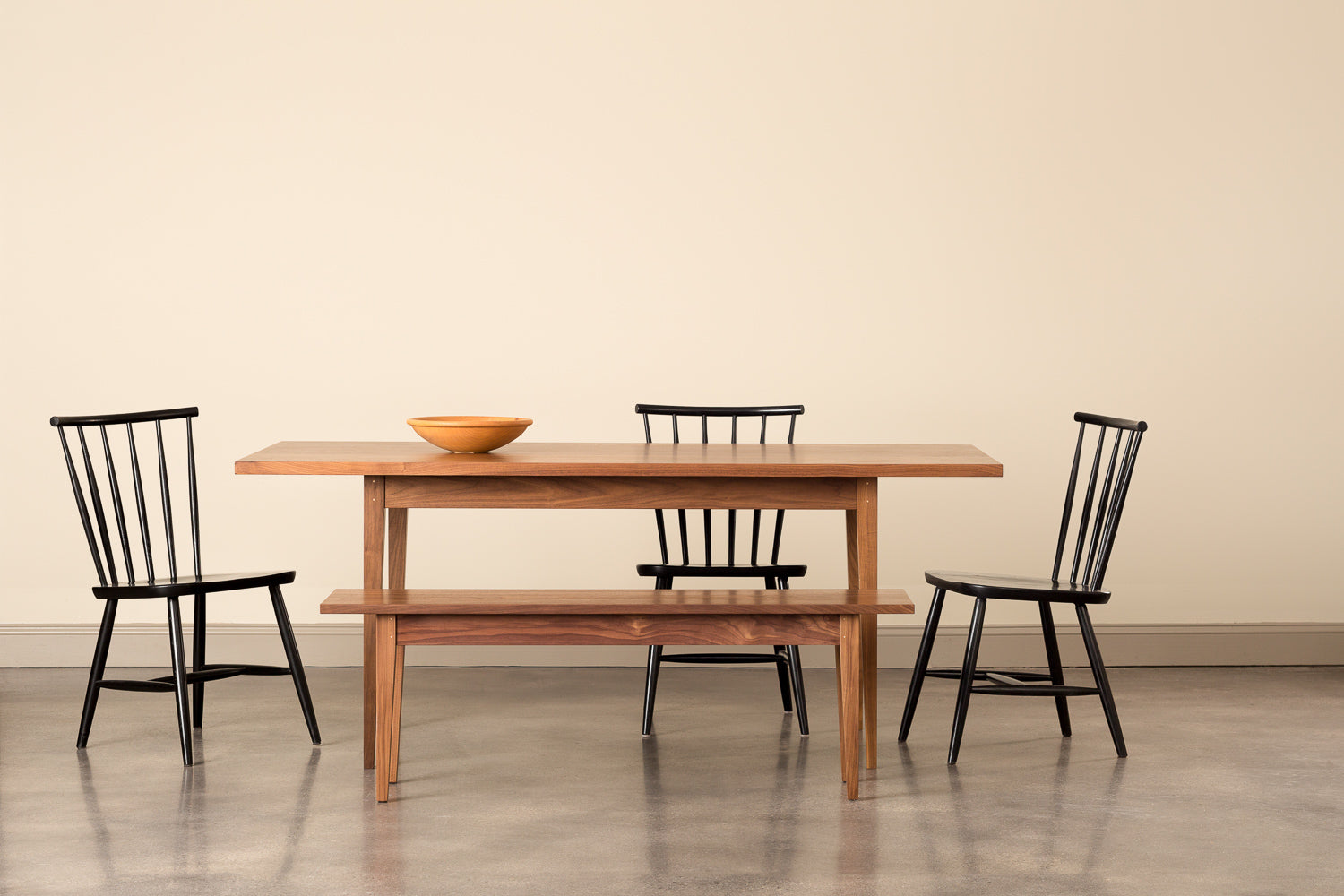 Walnut Shaker Heirloom Dining Table and Bench and black Concord Chairs from Chilton Furniture