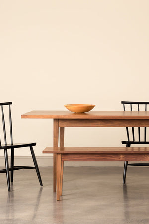 Walnut Shaker Heirloom Dining Table and Bench and black Concord Chairs from Chilton Furniture