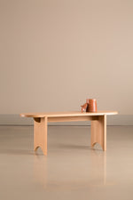 White oak Portland Bench from Chilton Furniture in Maine with terracotta jar and lid on top