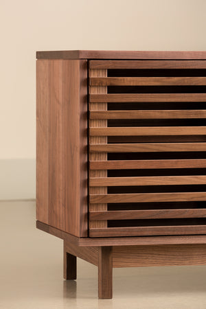 Details of slats and legs on modern walnut Upland Media Stand from Chilton Furniture of Maine