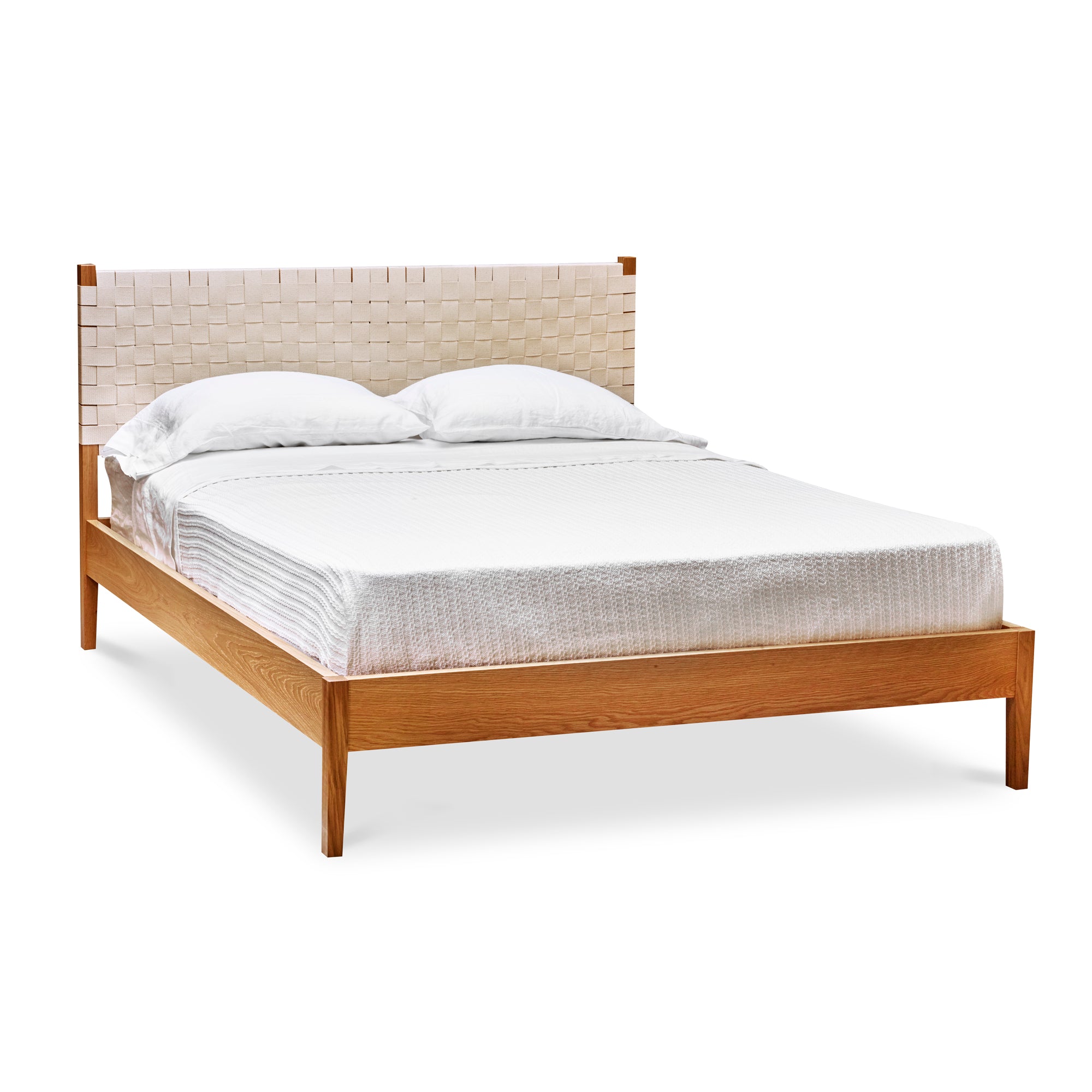 Shaker style bed in white oak wood with woven Shaker tape headboard