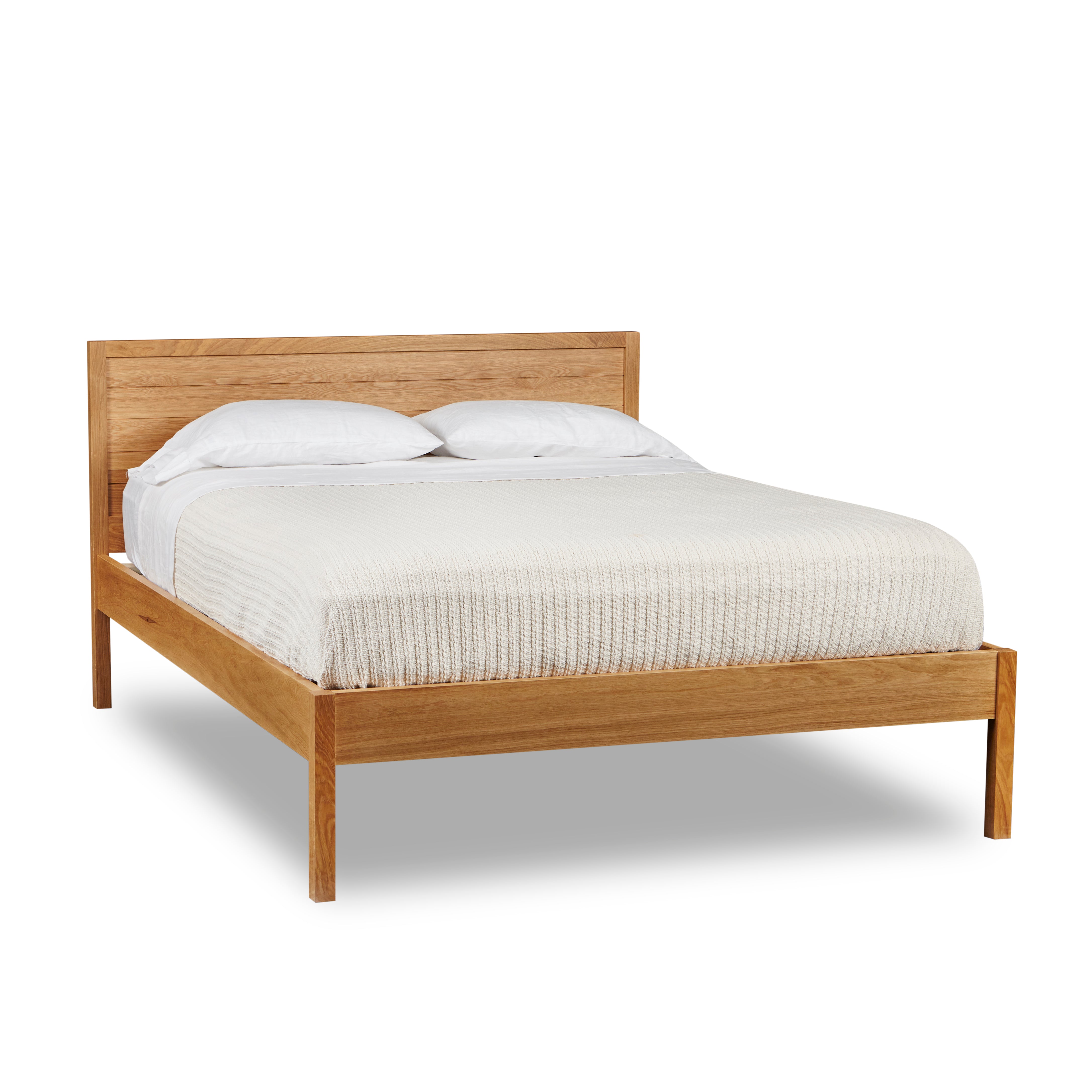 Solid white oak Shiplap bed with square legs, from Maine's Chilton Furniture Co.