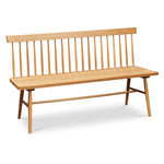 Traditional Shaker style spindle bench with back and angular lines in white oak
