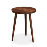 Modern round walnut nightstand with three round tapered legs