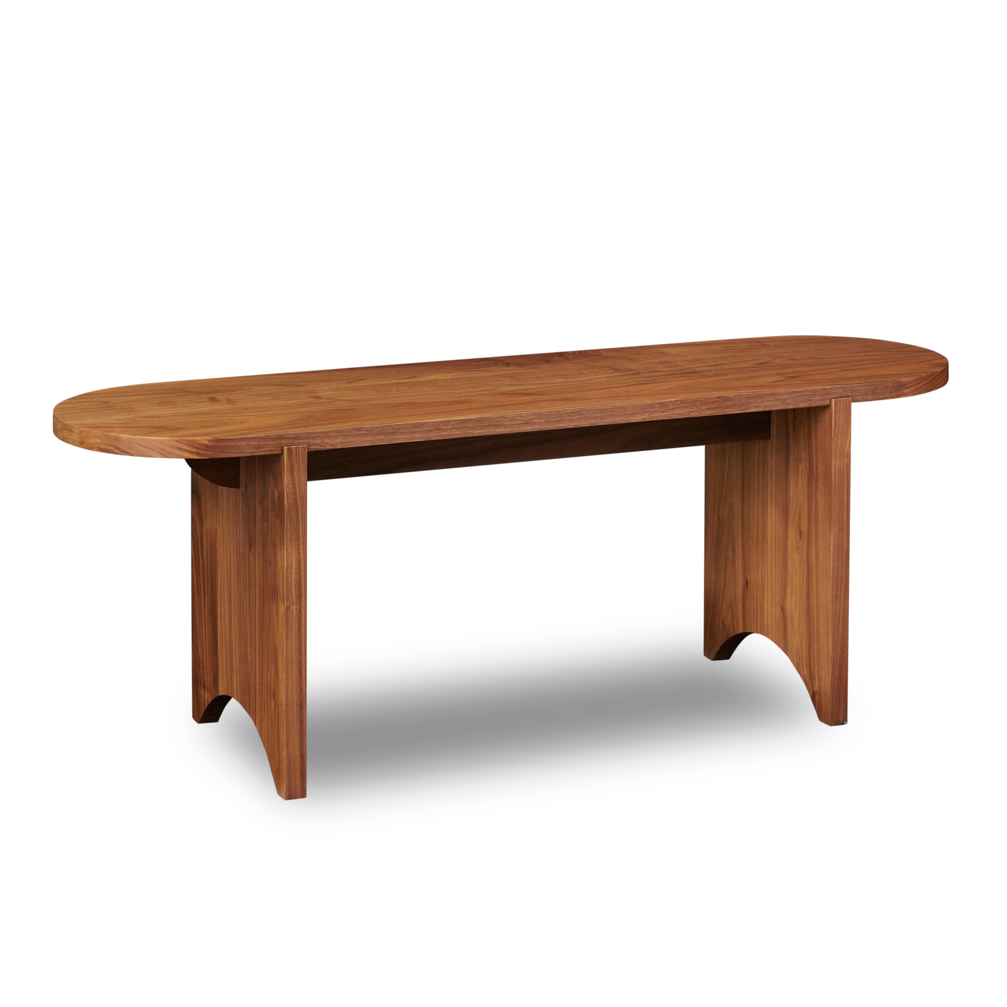 Modern walnut bench with rounded edges and legs from Chilton Furniture in Maine