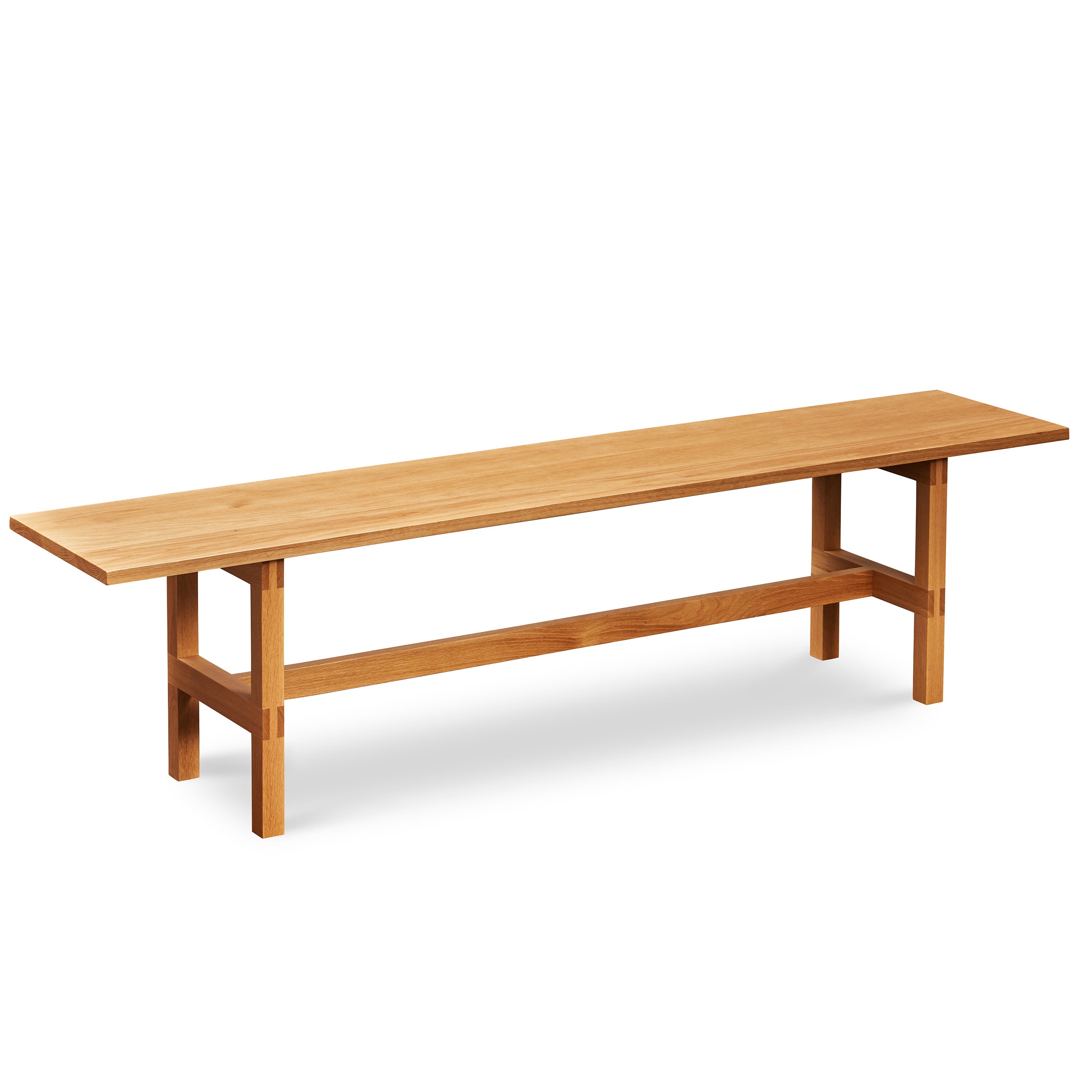 Modern trestle bench with visible joinery in white oak wood, from Maine's Chilton Furniture