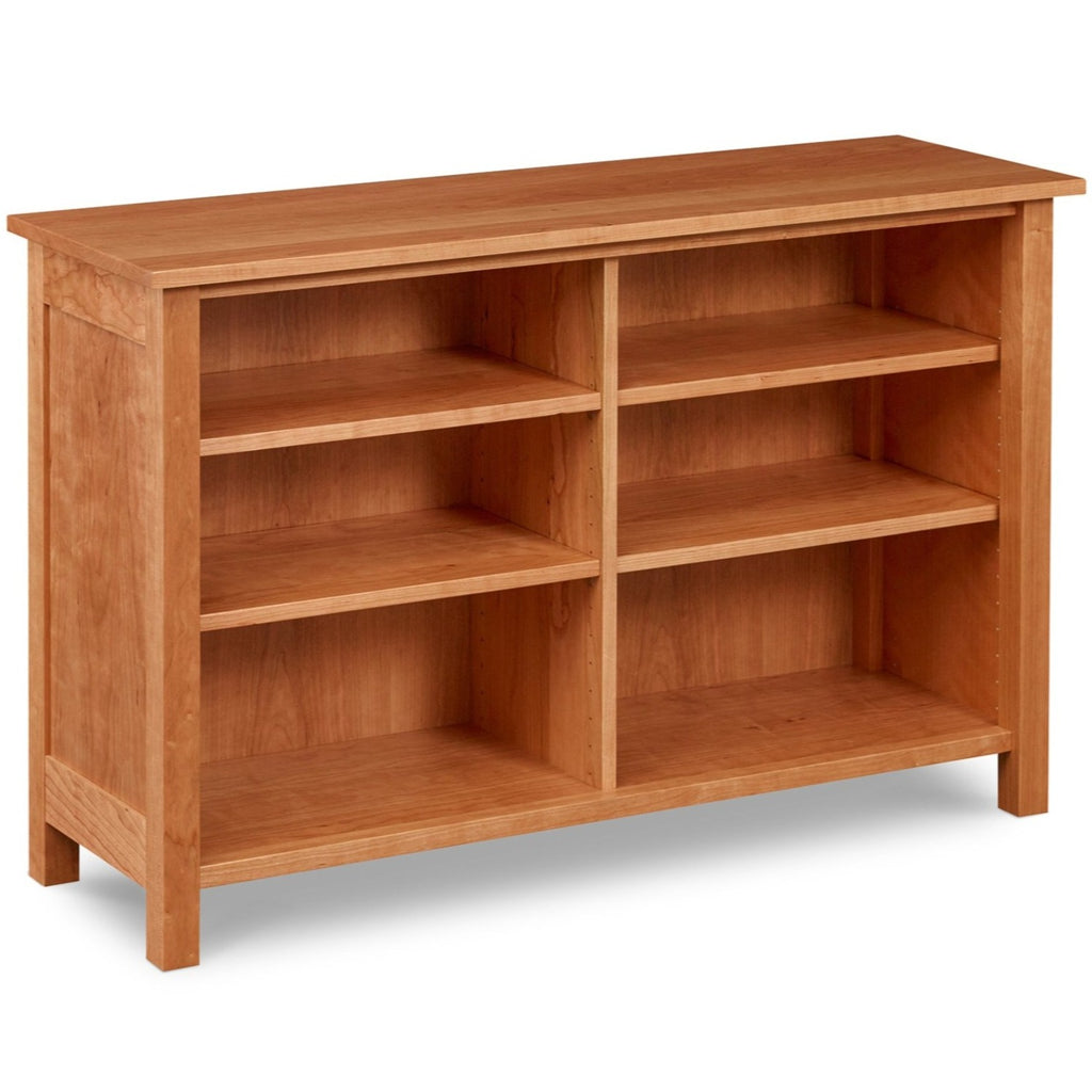 Shaker inspired solid cherry wood bookcase with center median and four shelves, from Maine's Chilton Furniture Co.