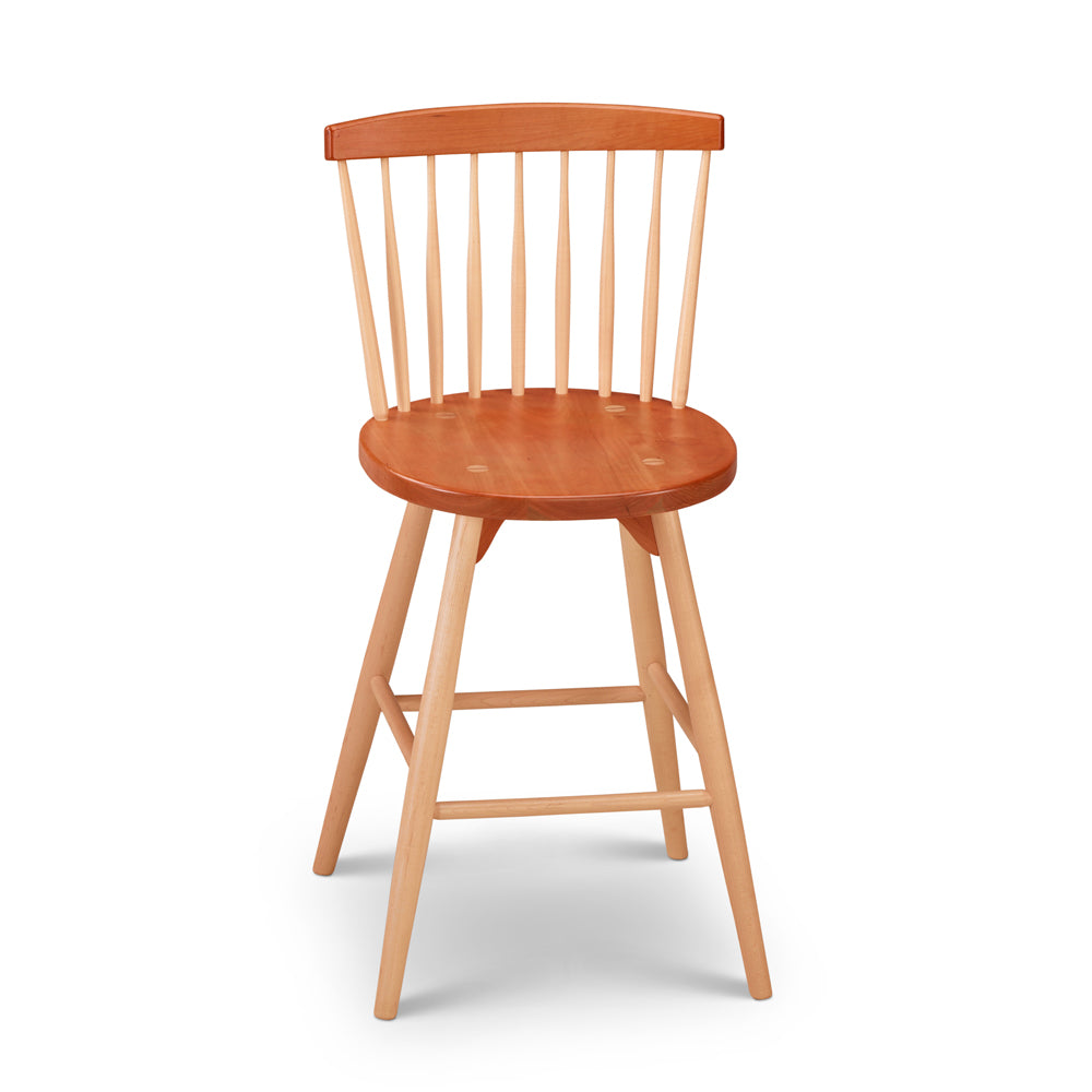Cherry and maple counter stool with spindle back, from Maine's Chilton Furniture Co.