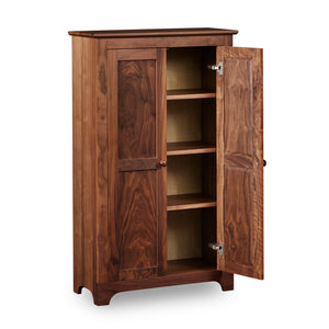 Open doors of Shaker Jelly Cabinet showing three adjustable shelves and storage space, from Maine's Chilton Furniture