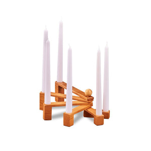 Collapsible candle holder with six cherry wood pivoting, nesting holders with six white taper candles