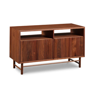 Mid-century modern Navarend media case in solid walnut wood with round legs and stretchers and four doors with storage space