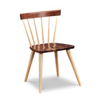 Modern Windsor inspired spindle chair with curved back in walnut and ash