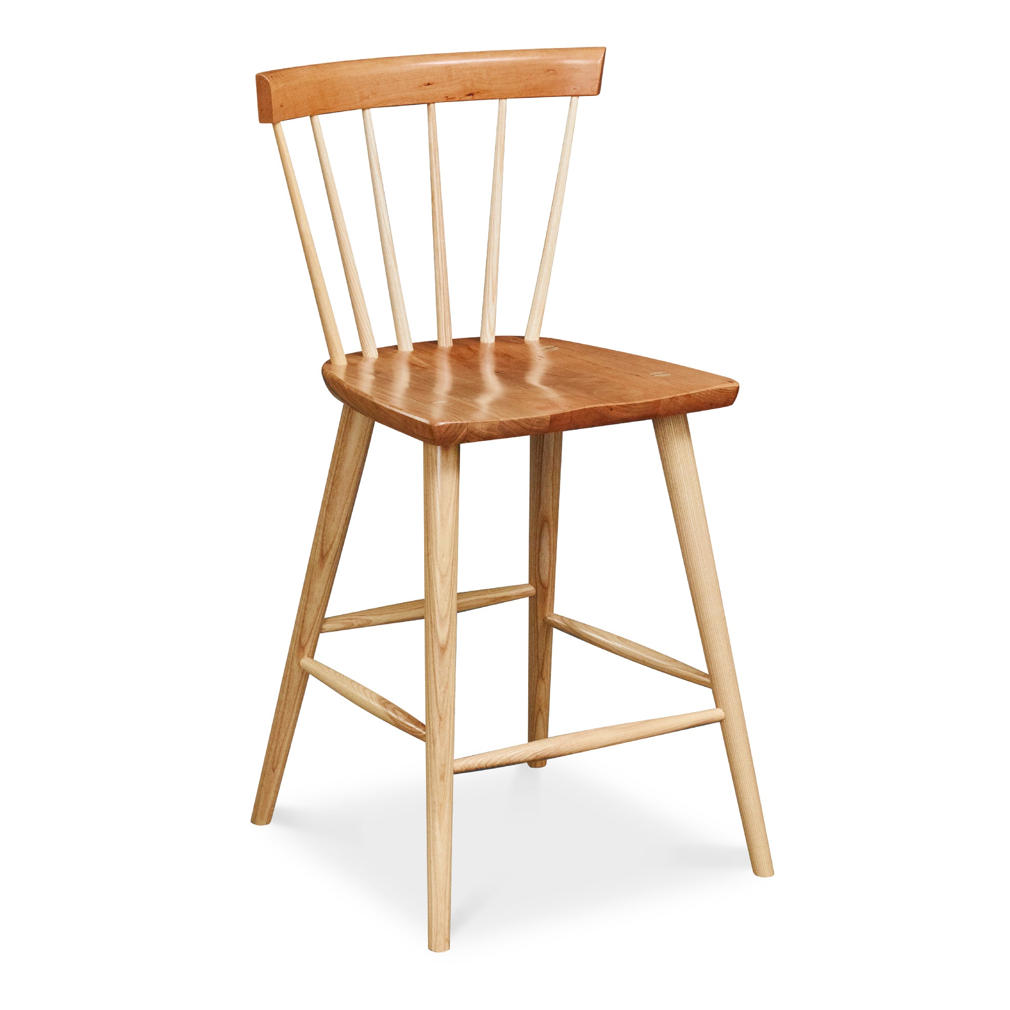 Modern Windsor inspired spindle stool with curved back in cherry and ash
