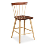 Modern Windsor inspired spindle stool with curved back in walnut and ash