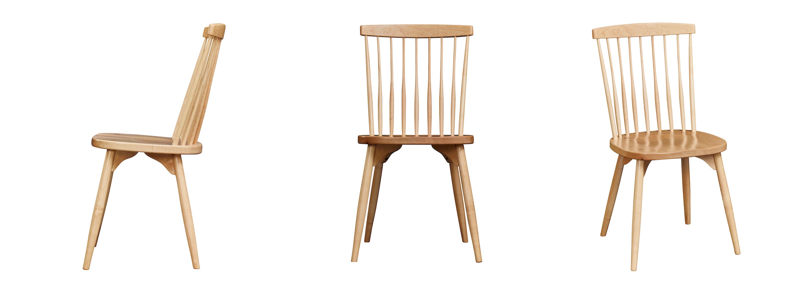 Three view spread of a maple Chilton Spindle Side Chair show from the side, front and corner