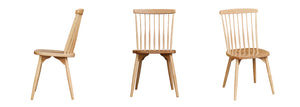 Three view spread of a maple Chilton Spindle Side Chair show from the side, front and corner