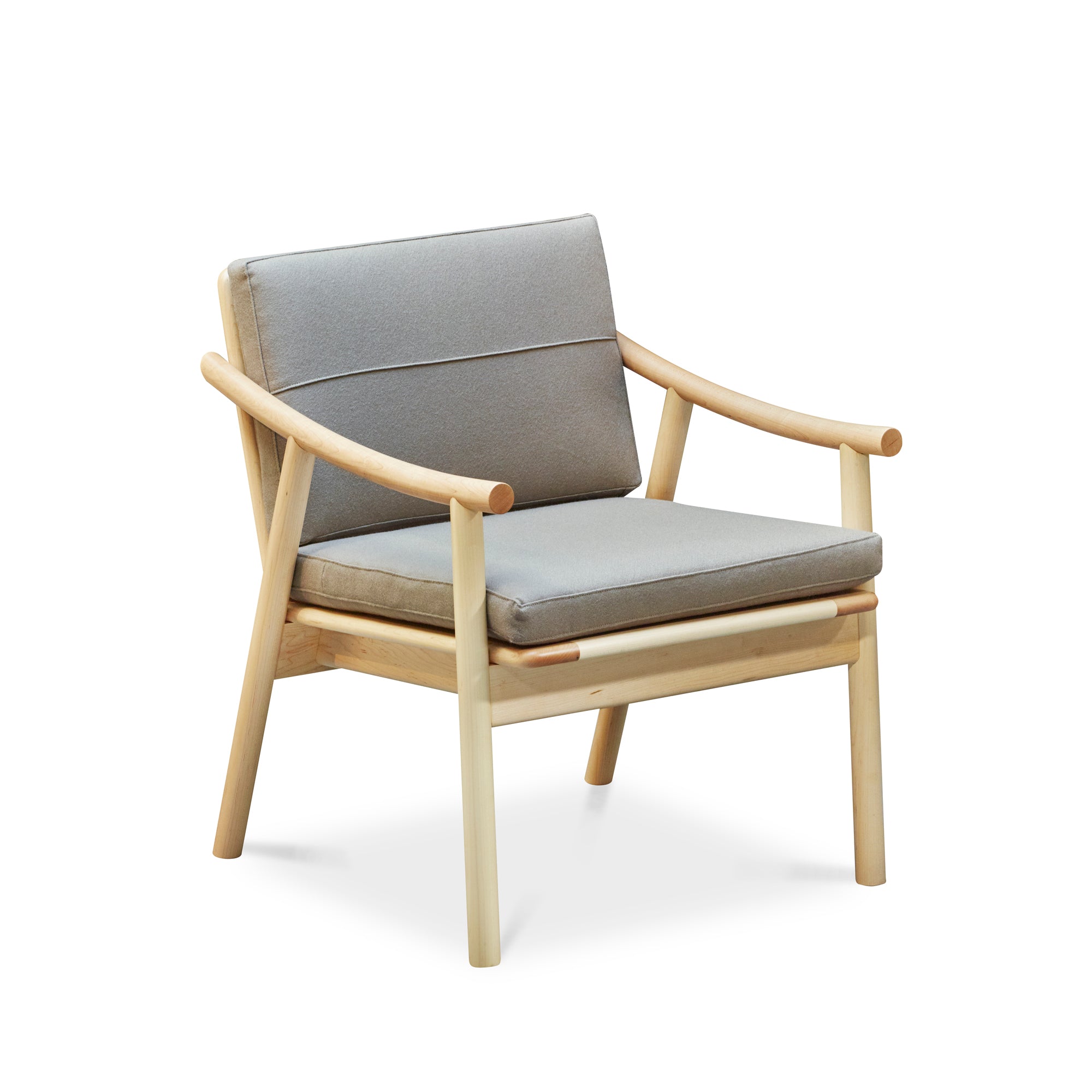 Solid maple Scandinavian style lounge chair with Knoll fabric cushions in Putty, from Maine's Chilton Furniture Co.