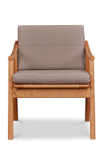 Front view of solid cherry Scandinavian style lounge chair with Knoll fabric cushions in Putty, from Maine's Chilton Furniture Co. 