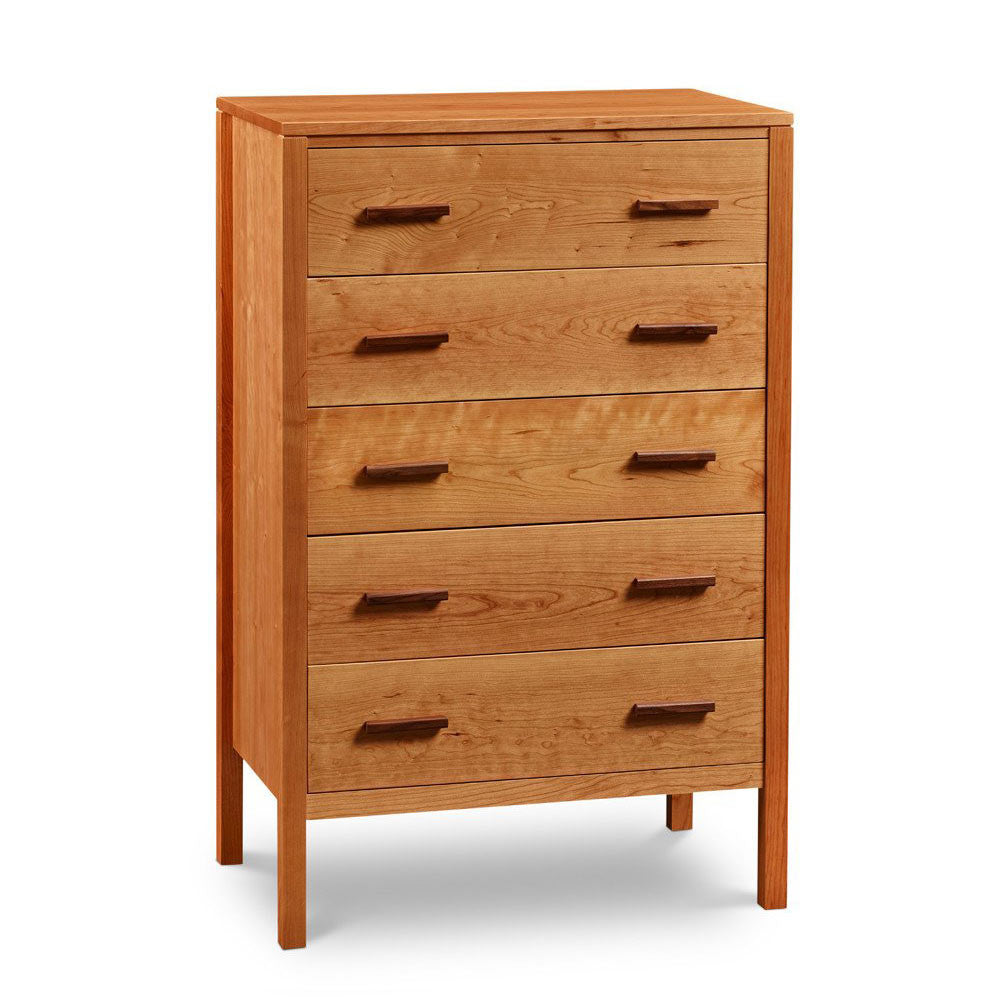 Modern five drawer bedroom storage chest in cherry, and horizontal pulls in walnut, from Maine's Chilton Furniture Co. 