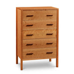 Modern five drawer bedroom storage chest in cherry, and horizontal pulls in walnut, from Maine's Chilton Furniture Co. 