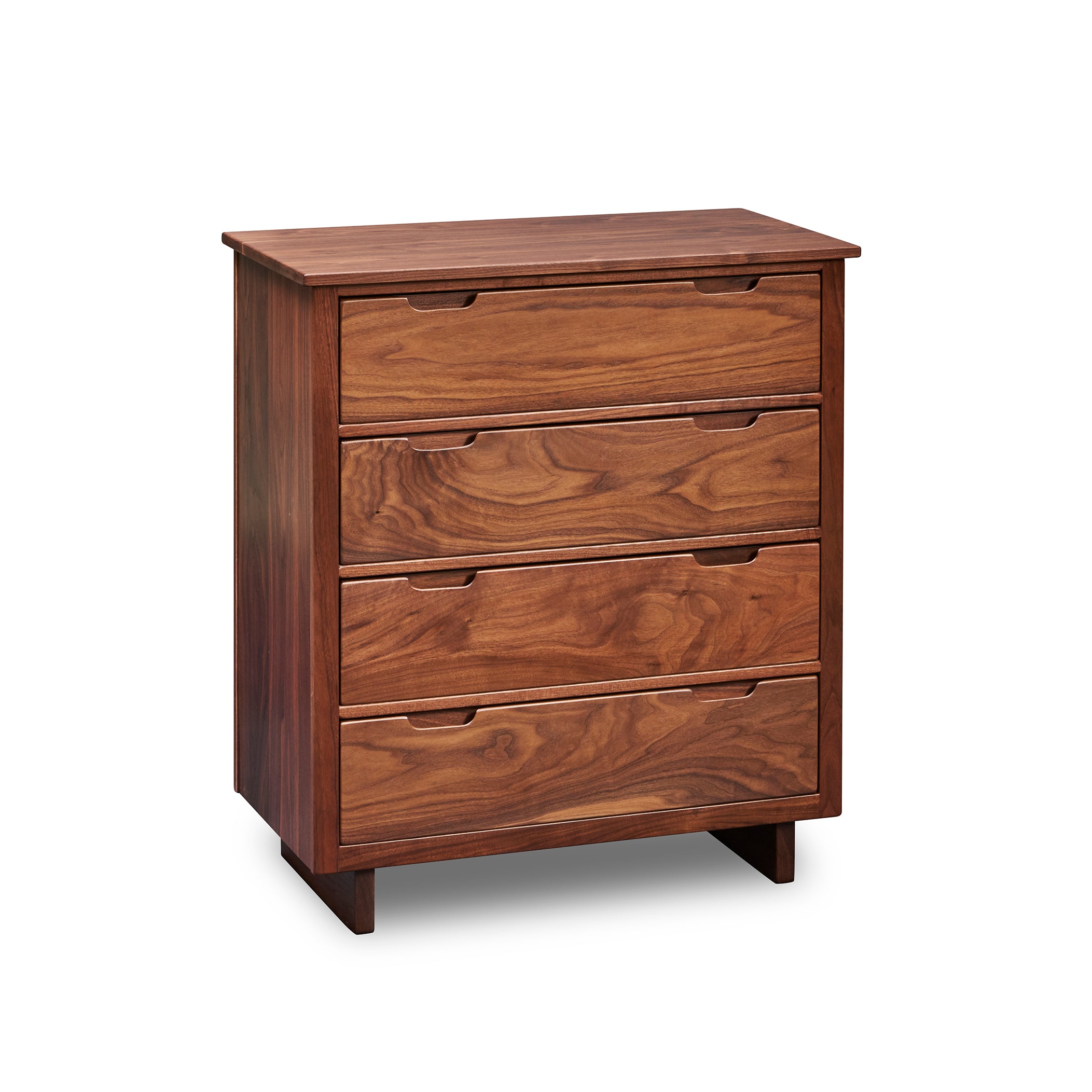 Four drawer Foundation Chest in walnut wood with trestle base and built in drawer pulls