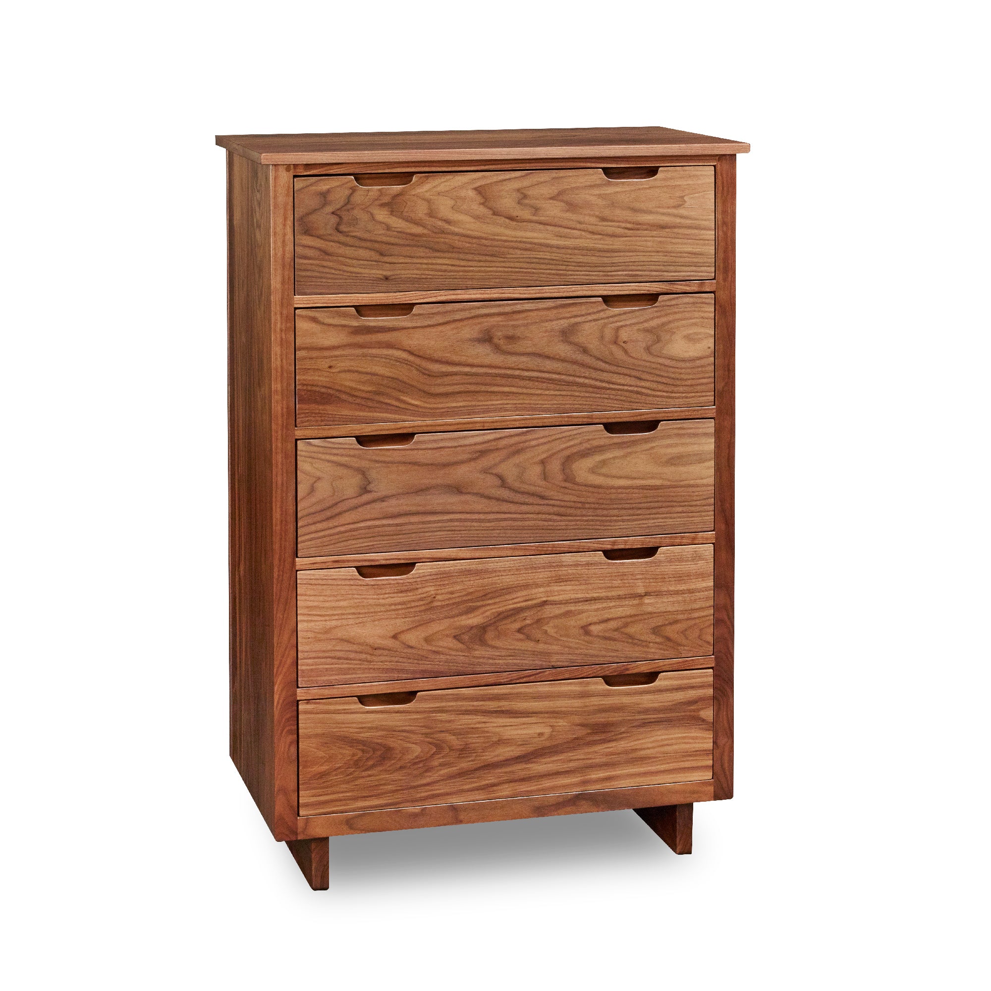 Five drawer Foundation Chest in walnut wood with trestle base and built in drawer pulls