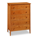 Shaker style, cherry wood five-drawer bedroom storage chest from Maine's Chilton Furniture Co.