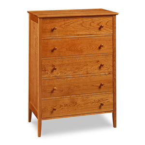Shaker style, cherry wood five-drawer bedroom storage chest from Maine's Chilton Furniture Co.