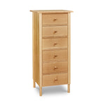 Modern interpretation of a classic Shaker style lingerie chest with six drawers and rounded legs, in solid white oak wood