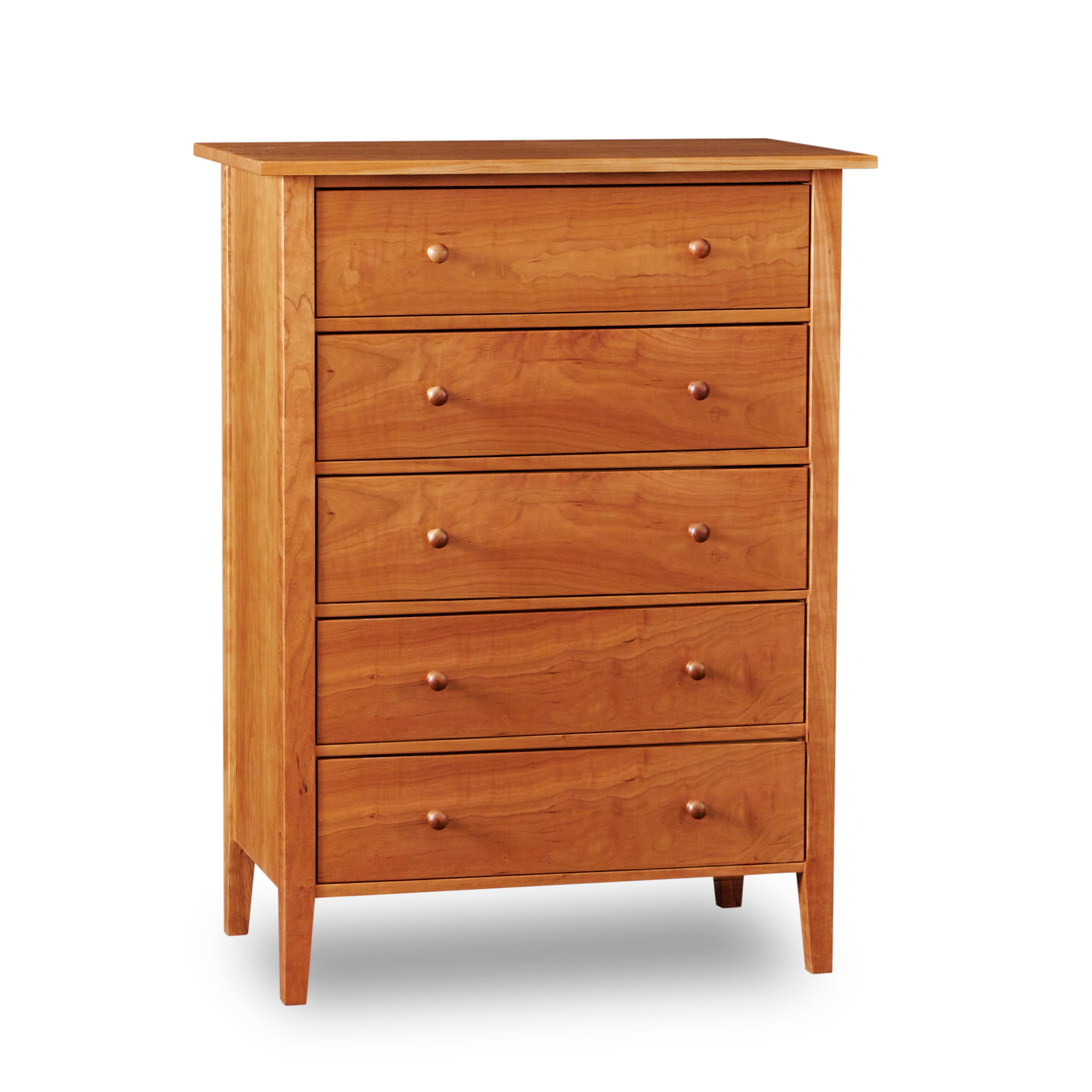 Modern interpretation of a classic Shaker style chest with five drawers in solid cherry wood