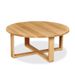 Solid white oak round Lokie Coffee table with minimalist deign and intersecting rectangular frame base