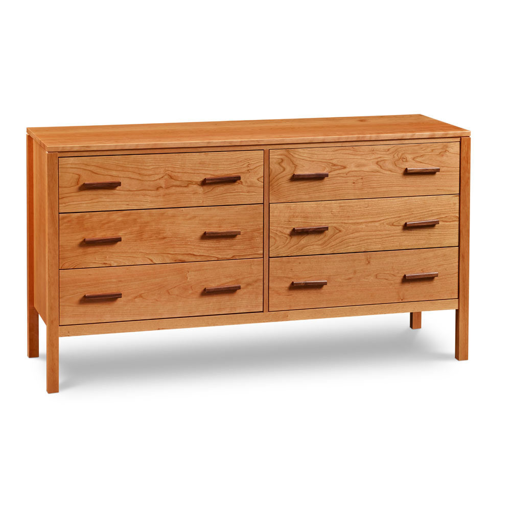 Modern five drawer bedroom storage dresser in cherry, and horizontal pulls in walnut, from Maine's Chilton Furniture Co. 