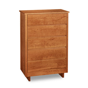 Chilton Furniture's Acadia collection five drawer cherry bedroom chest with under drawer pulls and panel base