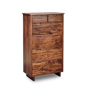 Foundation Sweater Chest in walnut wood with trestle base and built in drawer pulls